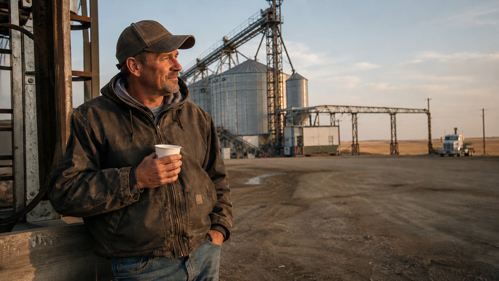 An operator with a coffee outside a prairie grain terminal at first light